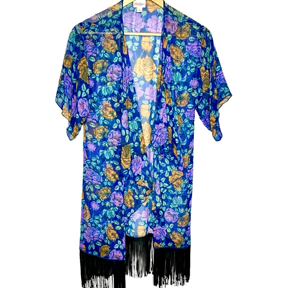 LuLaRoe Blue and Purple Floral Monroe Kimono with Fringe Women’s Size L  NWT